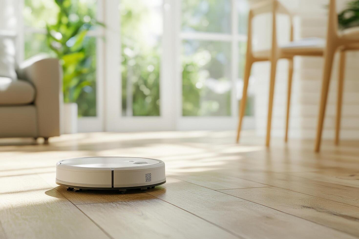 CleanMate V9 robot vacuum cleaning a modern living room with wood flooring, showcasing smart home technology in a bright Indian home setting