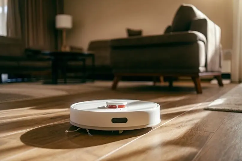 CleanMate V9 robot vacuum actively cleaning a wooden floor in a modern Indian living room with natural sunlight